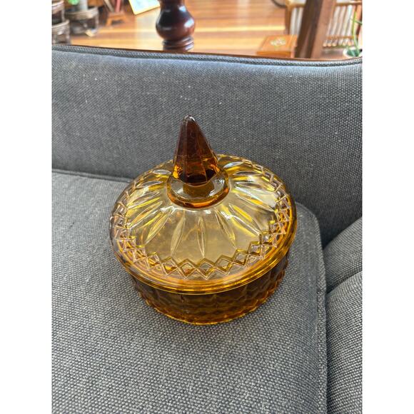 Vintage Indiana Glass Amber Gold Diamond Princess Covered Candy Dish w/ Lid - Picture 2 of 7